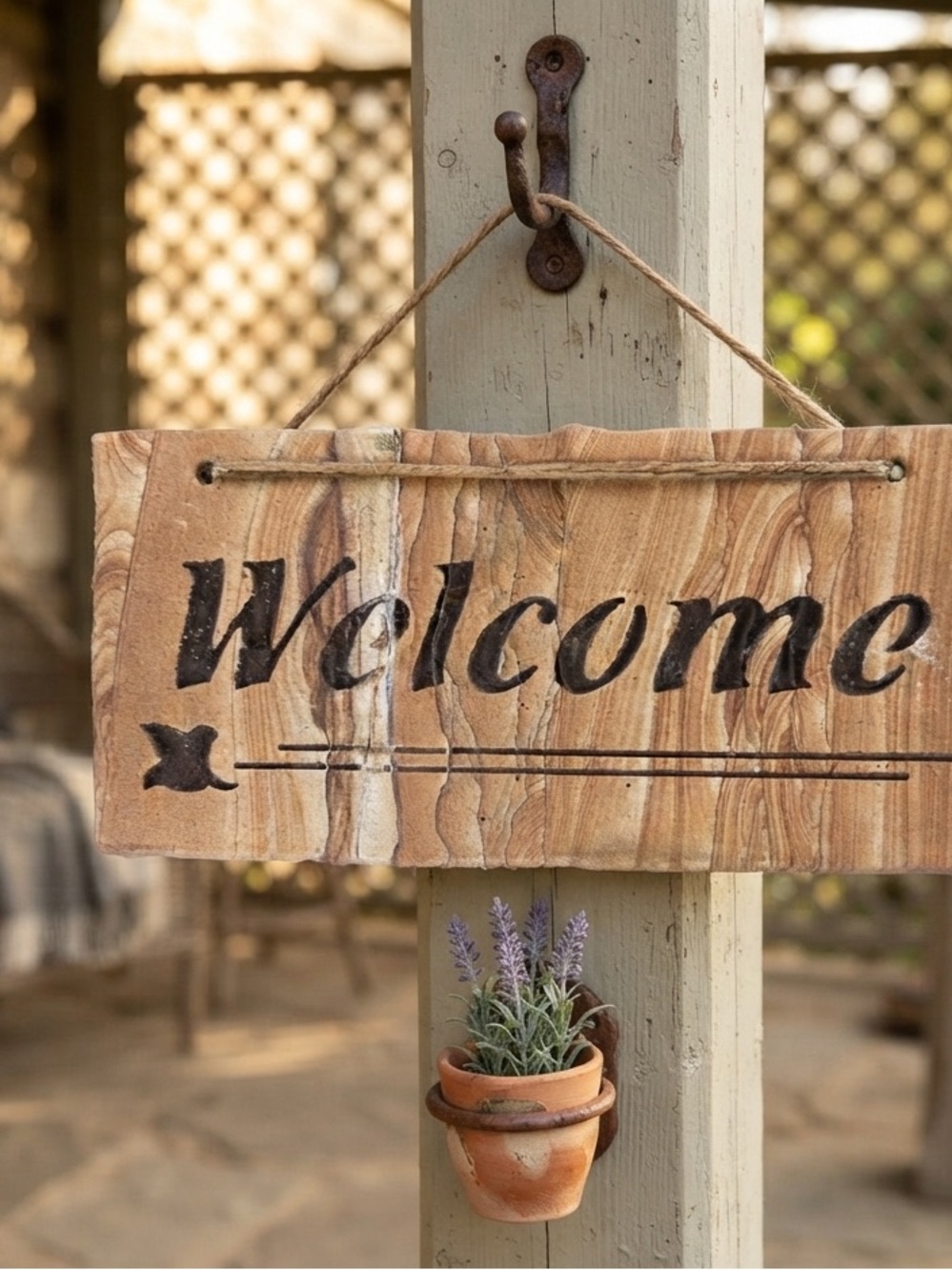 Rustic Stone Cut Welcome Sign with Black Lettering handcrafted Cinnabar stone
